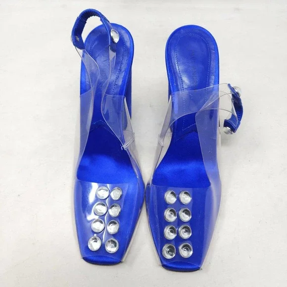 Paul Andrew Womens Heels Serrano Blue Satin PVC Cabochon Peep Toe Slingback 37 7 - Picture 4 of 10